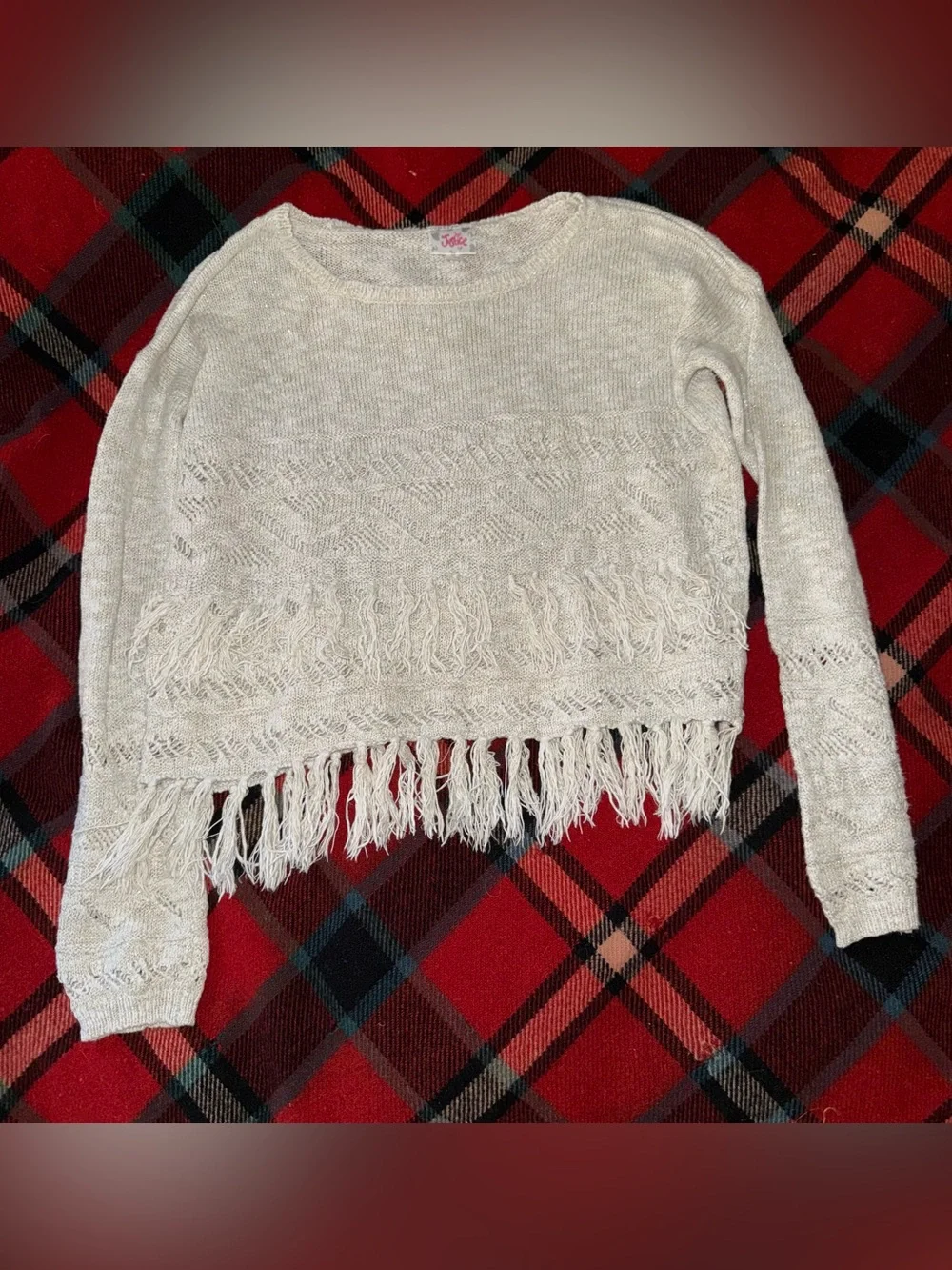 Justice Cream Fringe Knit Sweater